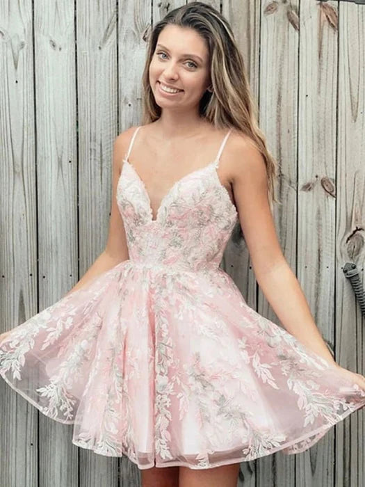 V Neck Lace Appliques Pink Short Prom Homecoming Lace Pink Formal Graduation Evening