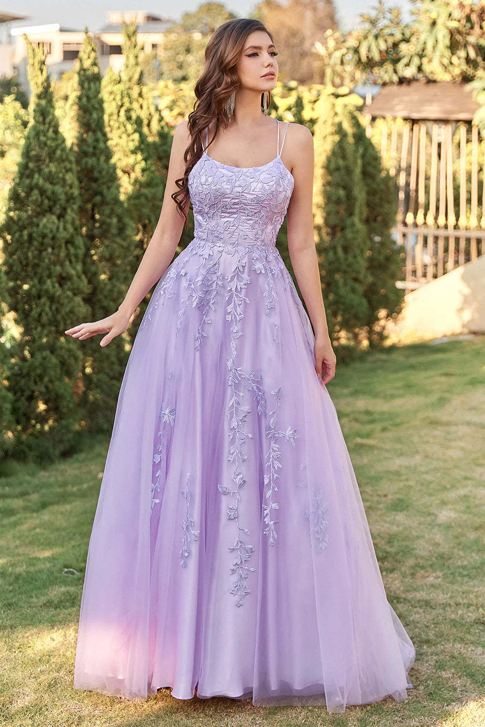 Purple long A-line version chiffon lace up decal party dress