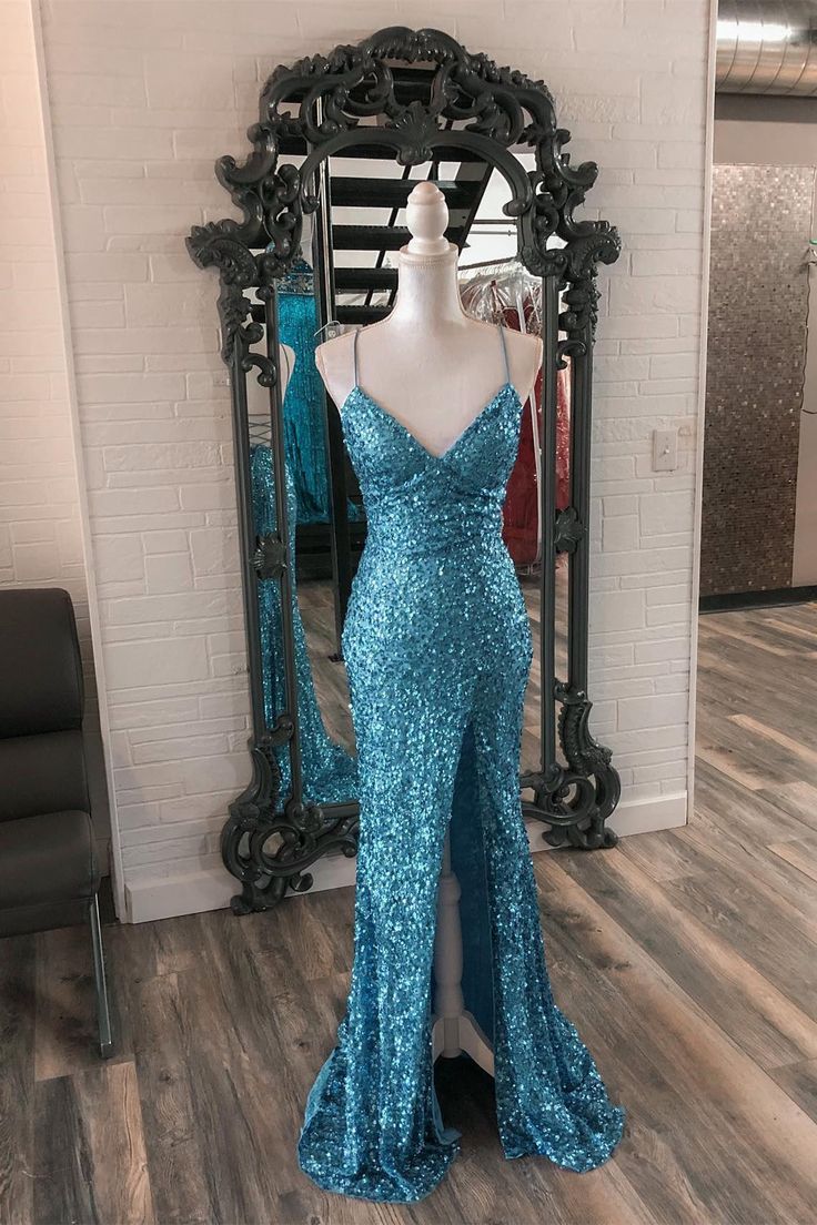 Blue suspender sequin mermaid long formal dress