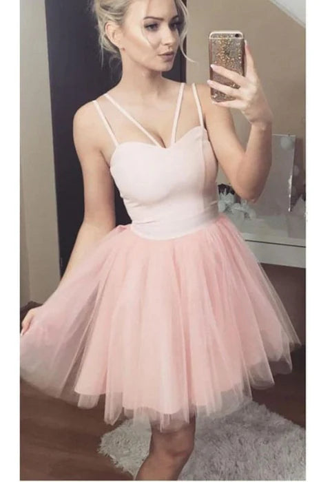 Sexy Straps Pink Homecoming Cute Short Tulle Prom Dress