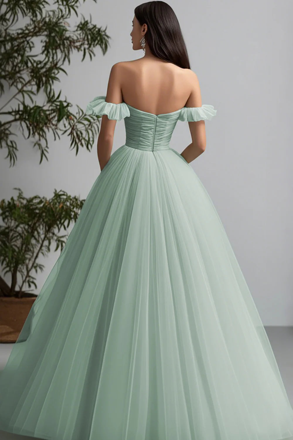 Light Green Tulle Off the Shoulder Long Prom Dress