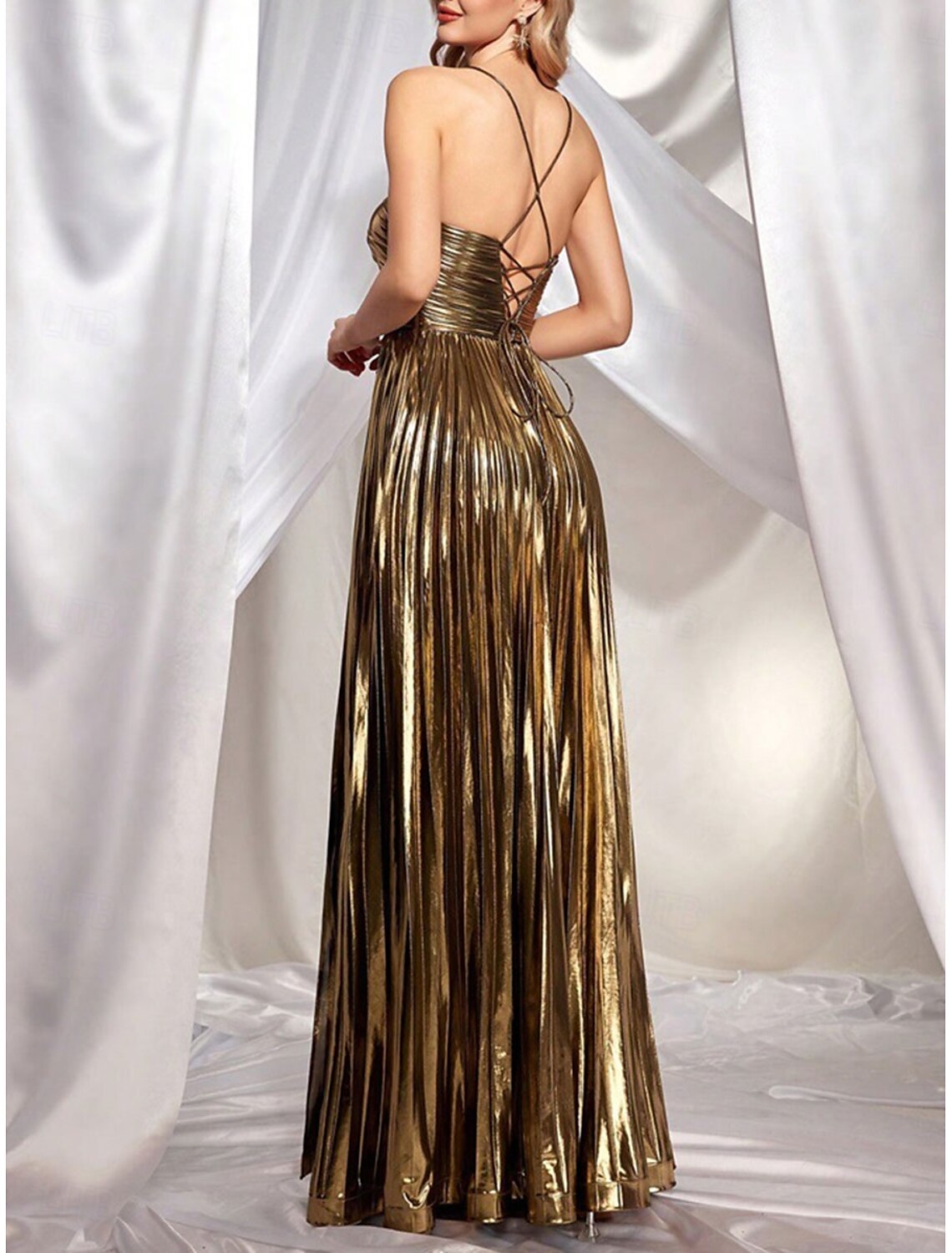 Charming Pleat Gold A-Line Halter Neck Lace Up Wedding Guest Floor Length  Prom Dress