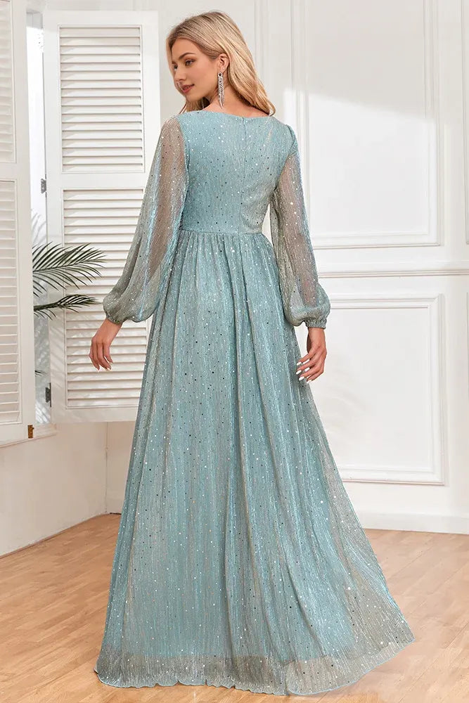 Shiny pleated elastic see-through long sleeves V-neck elegant evening dress