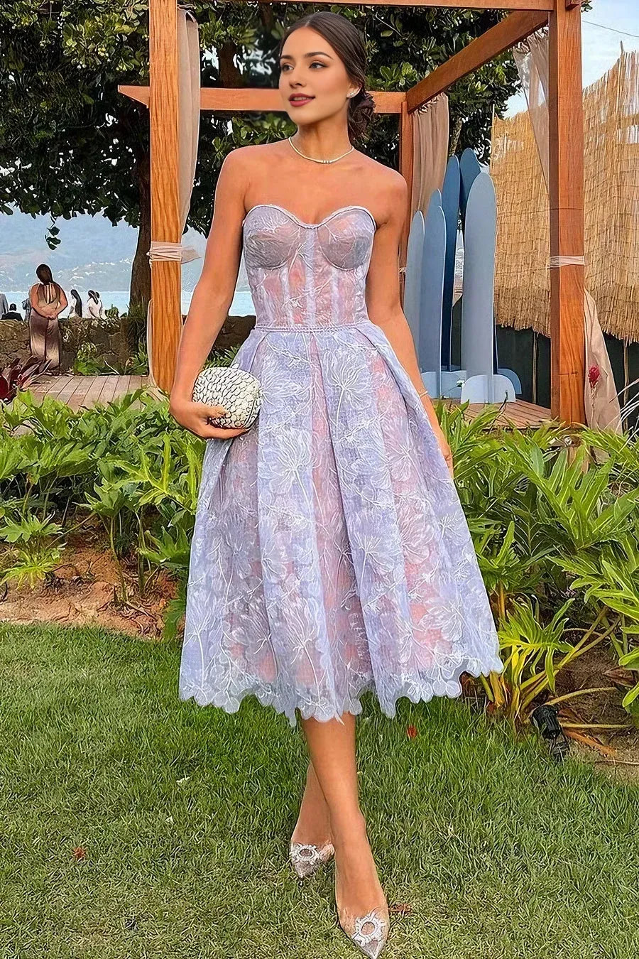 Sexy embroidered lace evening gown with tube top