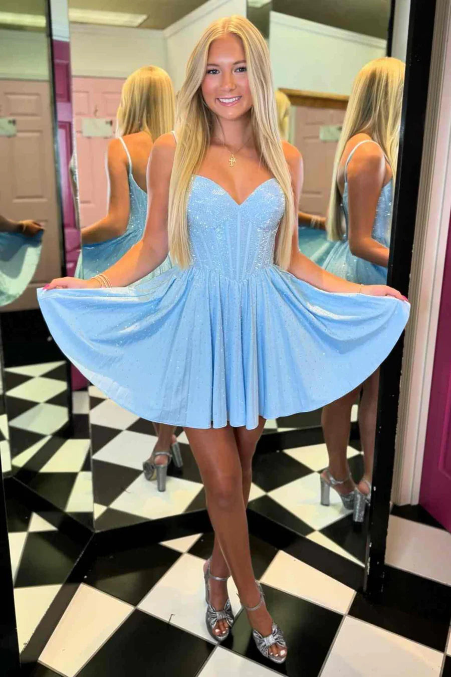 DingJiDress A-Line Homecoming Dress Spaghetti Straps Light Blue Beaded