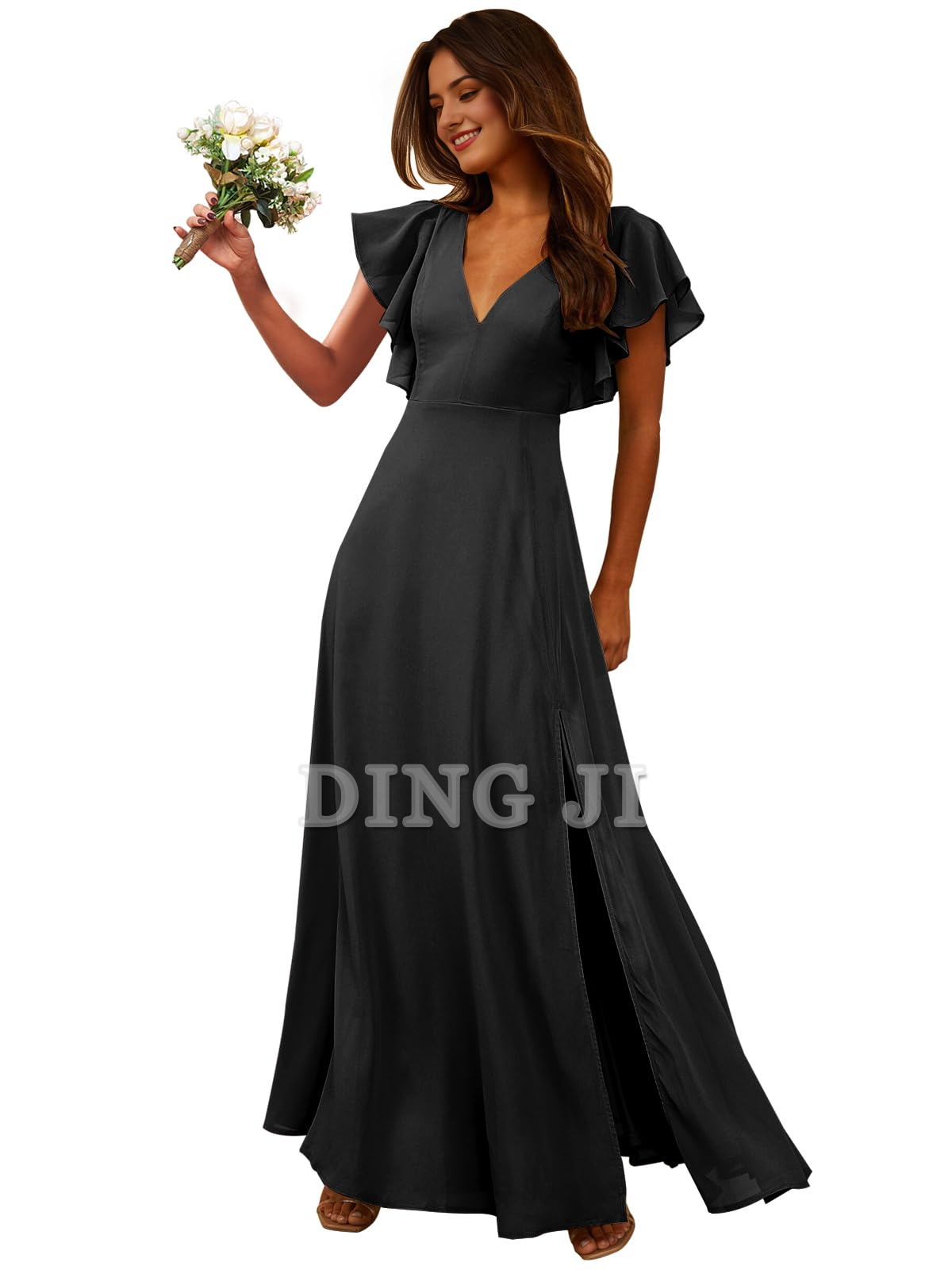DingJiDress Prom Dress Short Sleeve Bridesmaid Dresses Side Fork Chiffon Long Formal Wear Dresses Wedding Guests Dresses