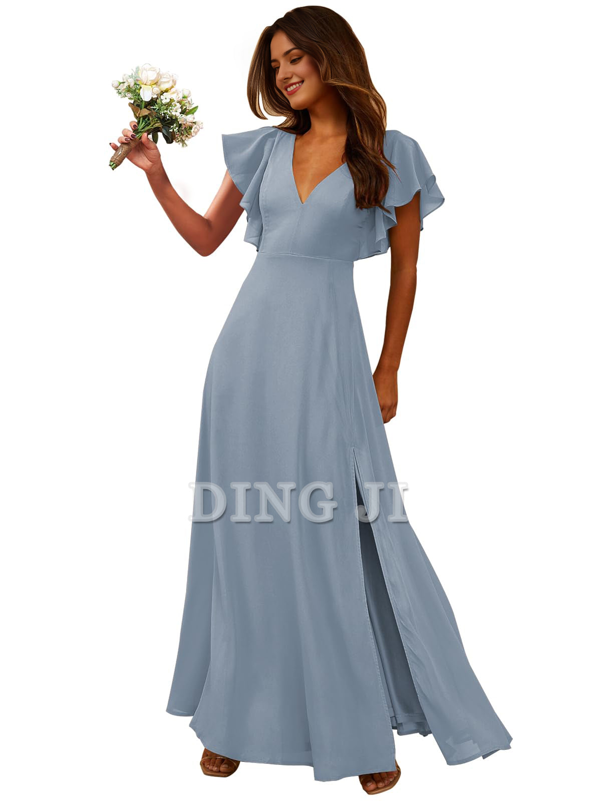 DingJiDress Prom Dress Short Sleeve Bridesmaid Dresses Side Fork Chiffon Long Formal Wear Dresses Wedding Guests Dresses