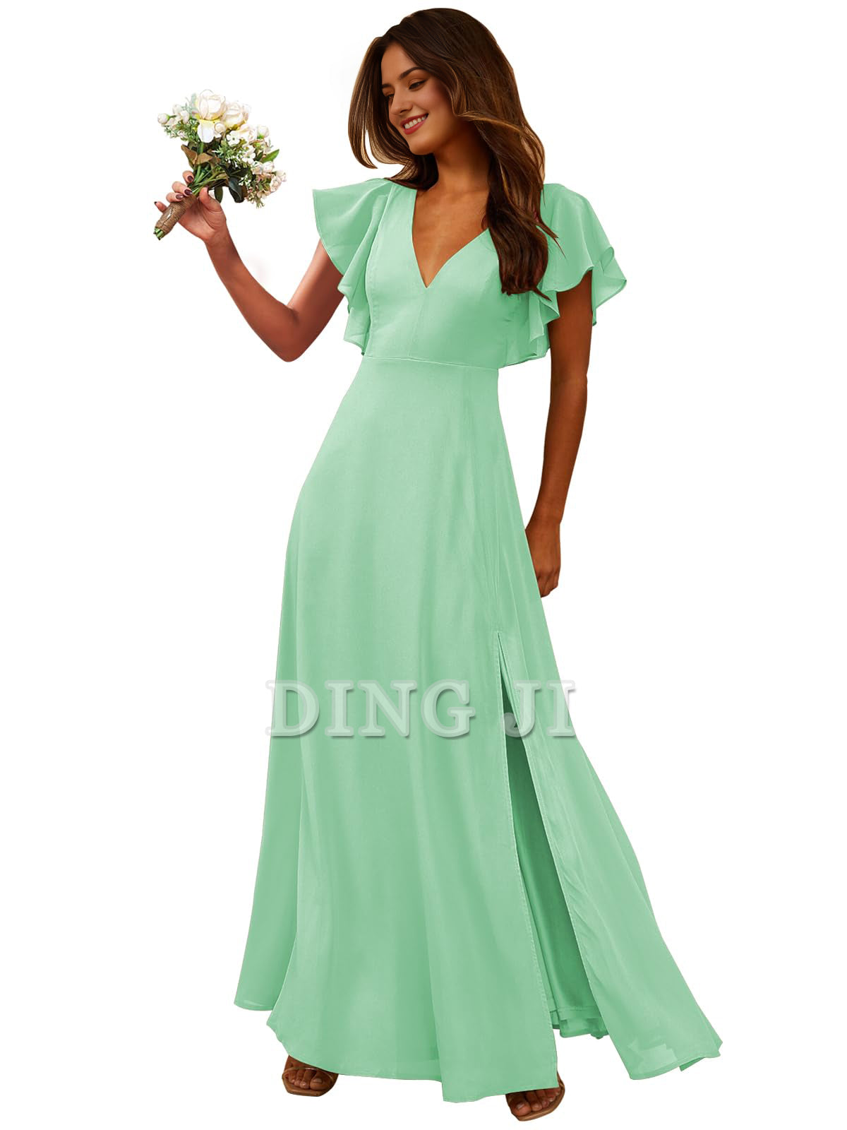 DingJiDress Prom Dress Short Sleeve Bridesmaid Dresses Side Fork Chiffon Long Formal Wear Dresses Wedding Guests Dresses