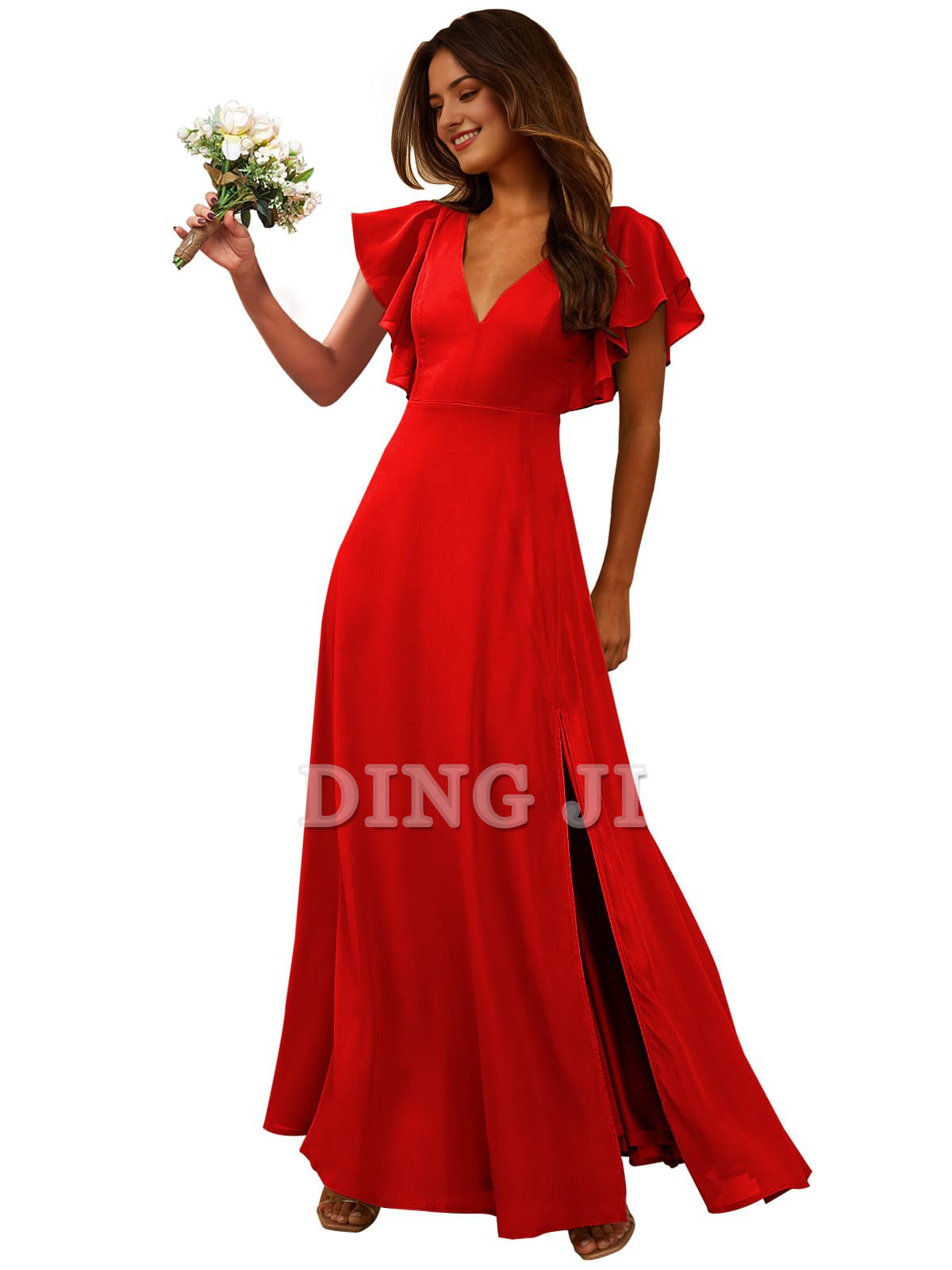 DingJiDress Prom Dress Short Sleeve Bridesmaid Dresses Side Fork Chiffon Long Formal Wear Dresses Wedding Guests Dresses