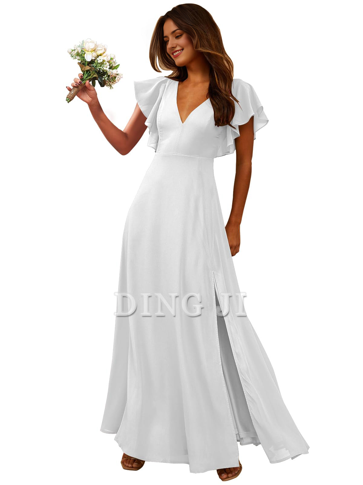 DingJiDress Prom Dress Short Sleeve Bridesmaid Dresses Side Fork Chiffon Long Formal Wear Dresses Wedding Guests Dresses