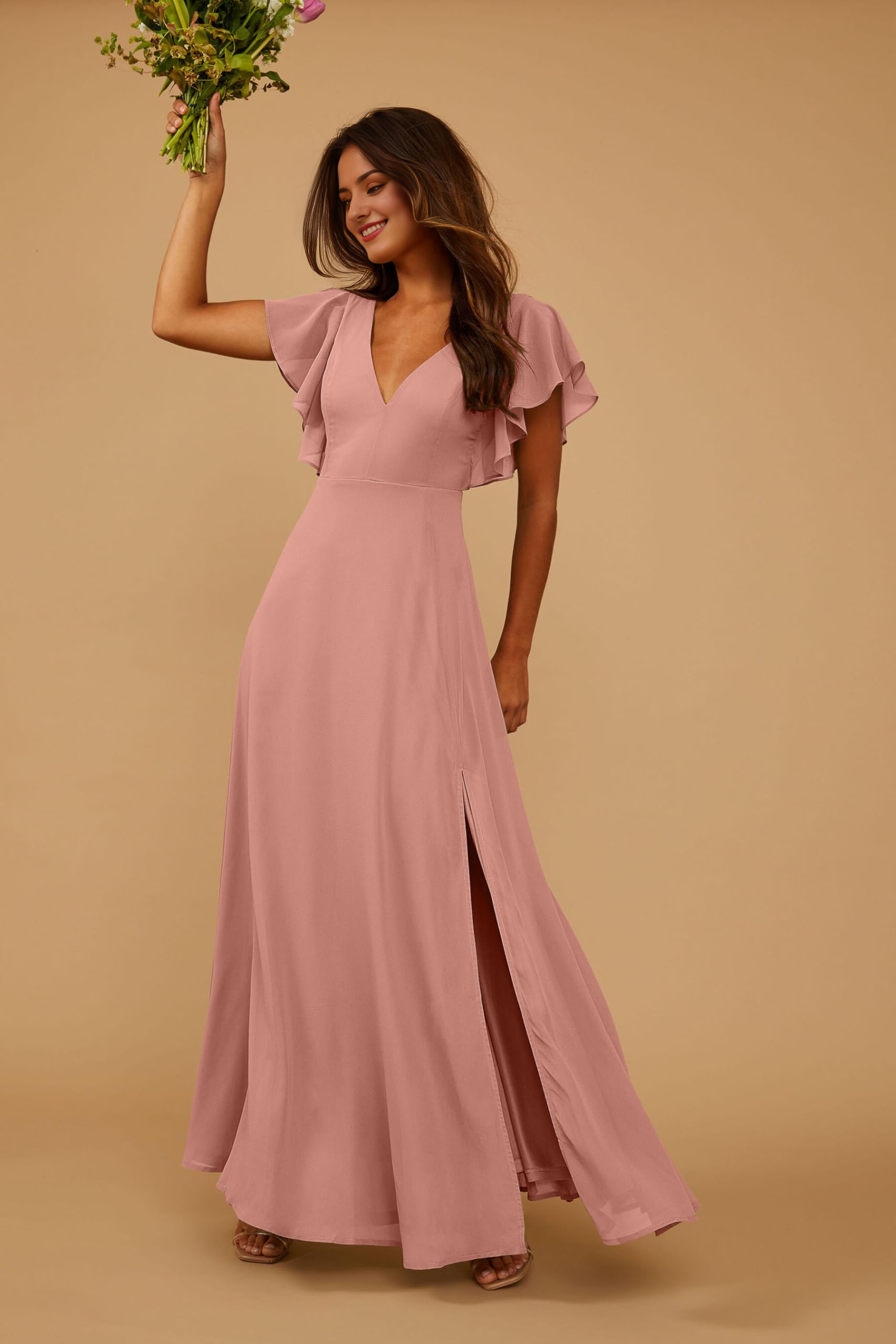 DingJiDress Prom Dress Short Sleeve Bridesmaid Dresses Side Fork Chiffon Long Formal Wear Dresses Wedding Guests Dresses