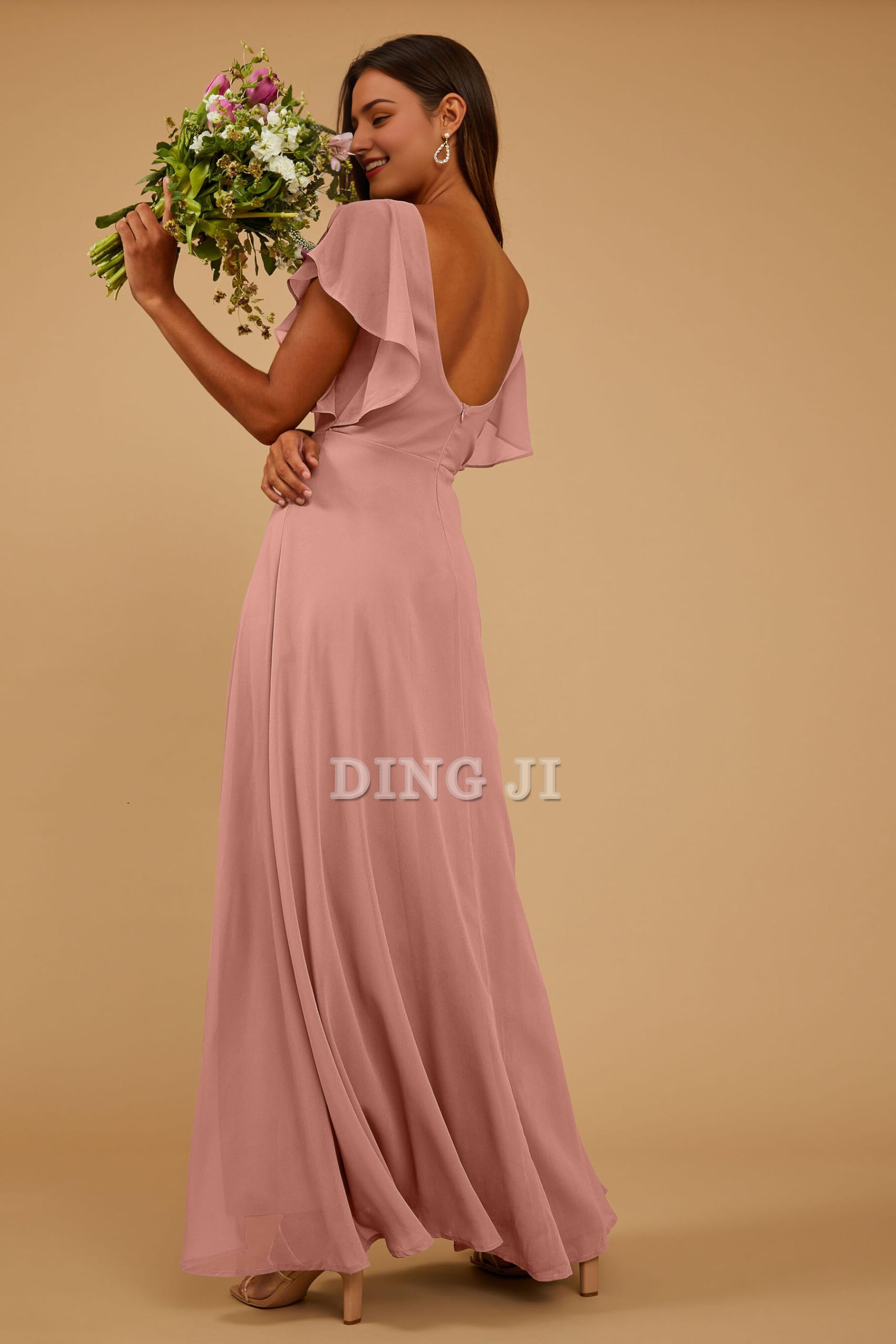 DingJiDress Prom Dress Short Sleeve Bridesmaid Dresses Side Fork Chiffon Long Formal Wear Dresses Wedding Guests Dresses