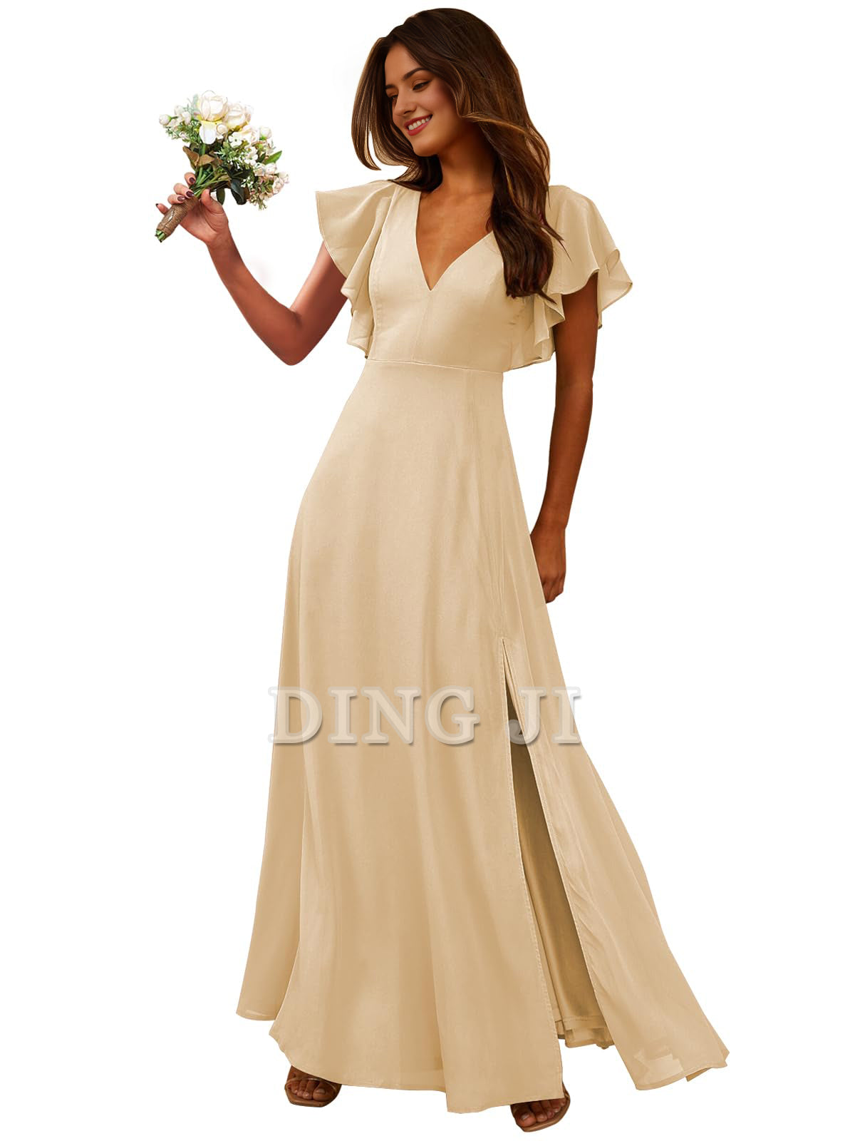 DingJiDress Prom Dress Short Sleeve Bridesmaid Dresses Side Fork Chiffon Long Formal Wear Dresses Wedding Guests Dresses