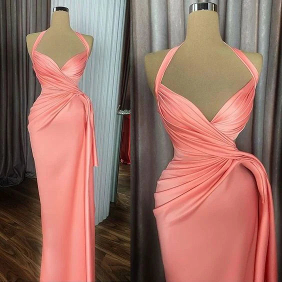 New satin pleated neck hanging V-neck ball gown