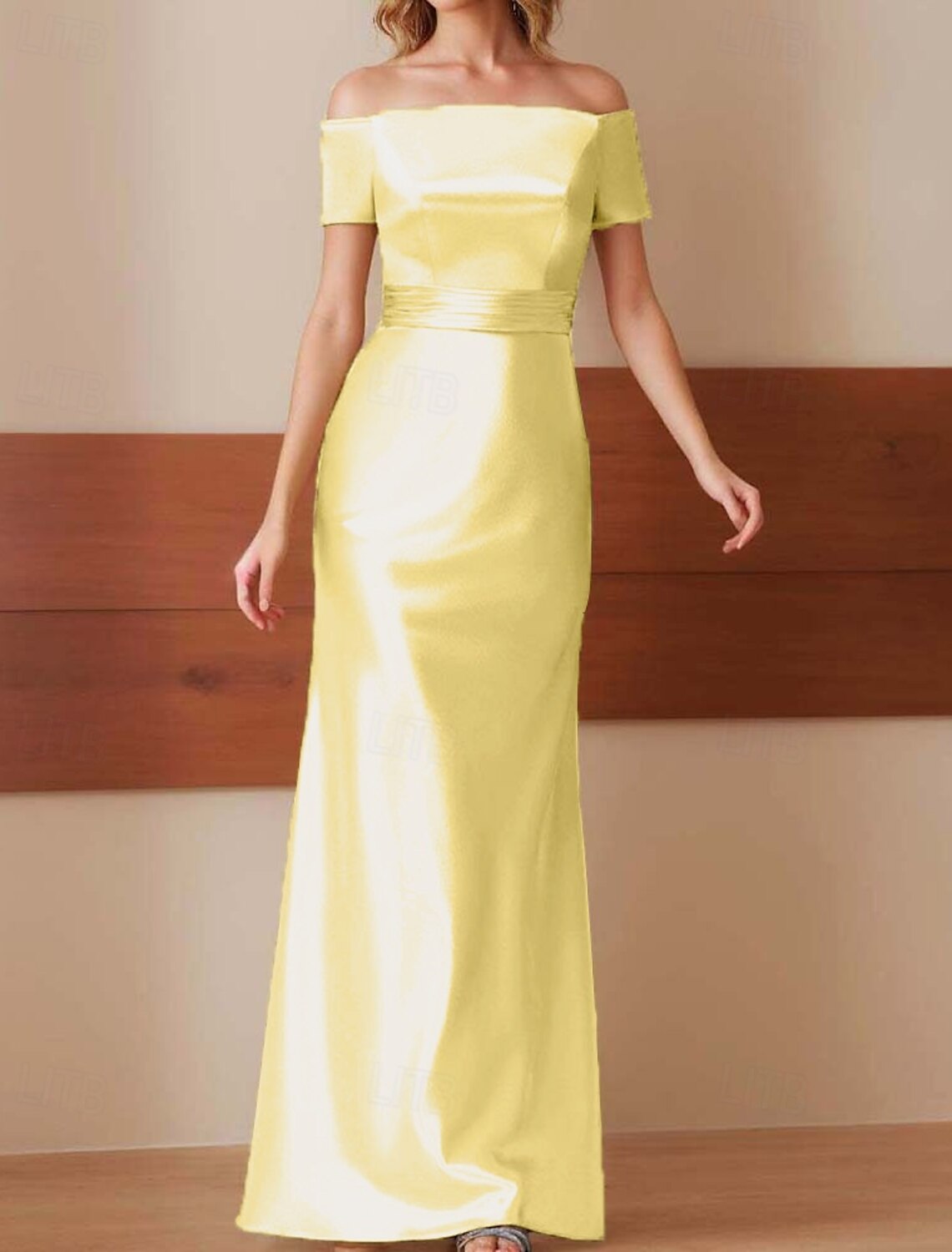 Sheath Column Evening Gown Elegant Dress Formal Performance Floor Length Short Sleeve Off Shoulder Glossy Satin