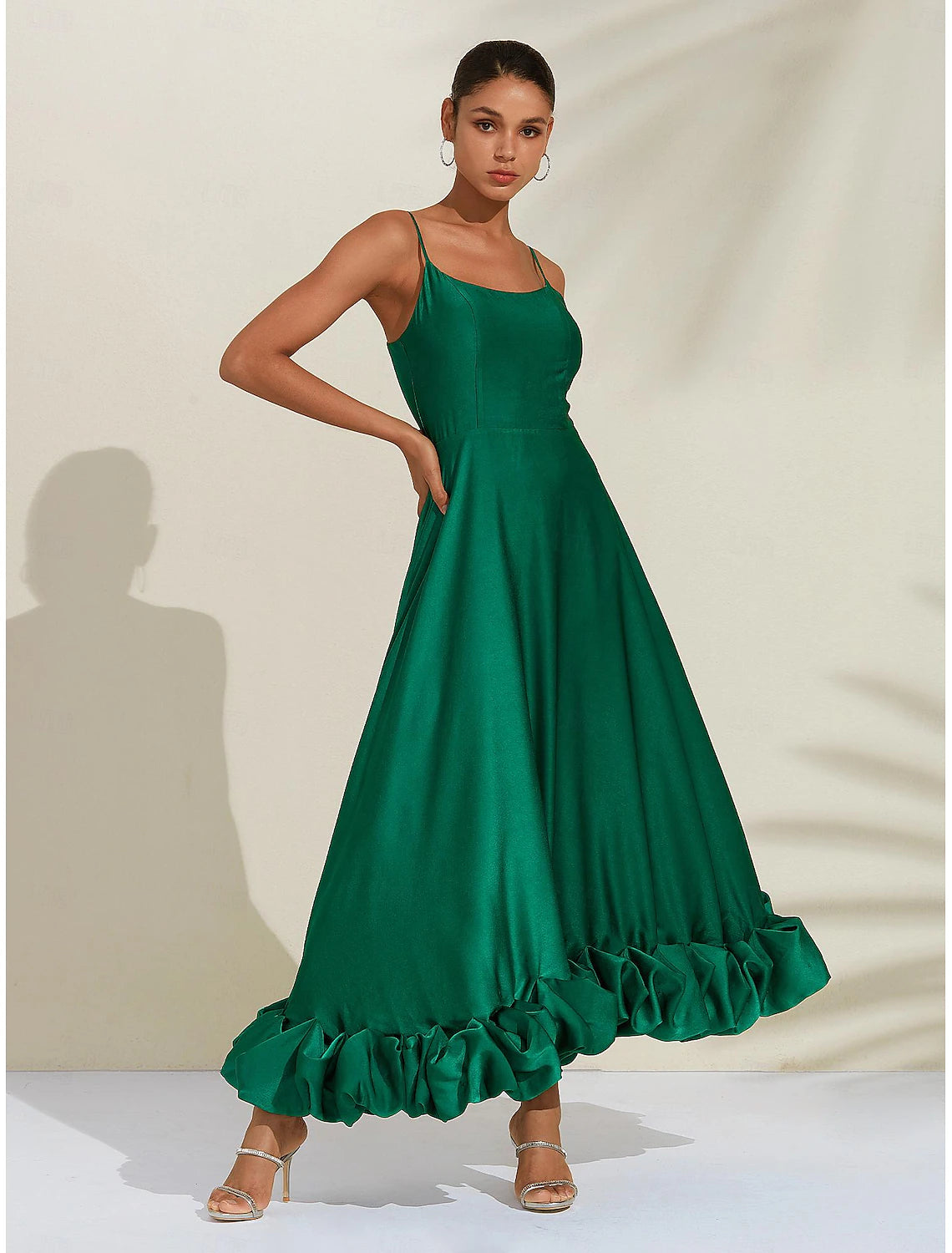 Women's Green Luxe Satin Special Occasion Dress 3D Ruffle Cami Maxi Party/Wedding Guest Dress dress to impress