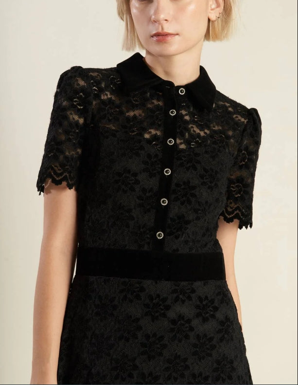 DingJiDress New Pattern Wedding Guest Dress Lace Dress Featuring Shirt Collar Bodice Button Down Short Sleeve Back Zipper Closure Black Formal Dress Evening Dress