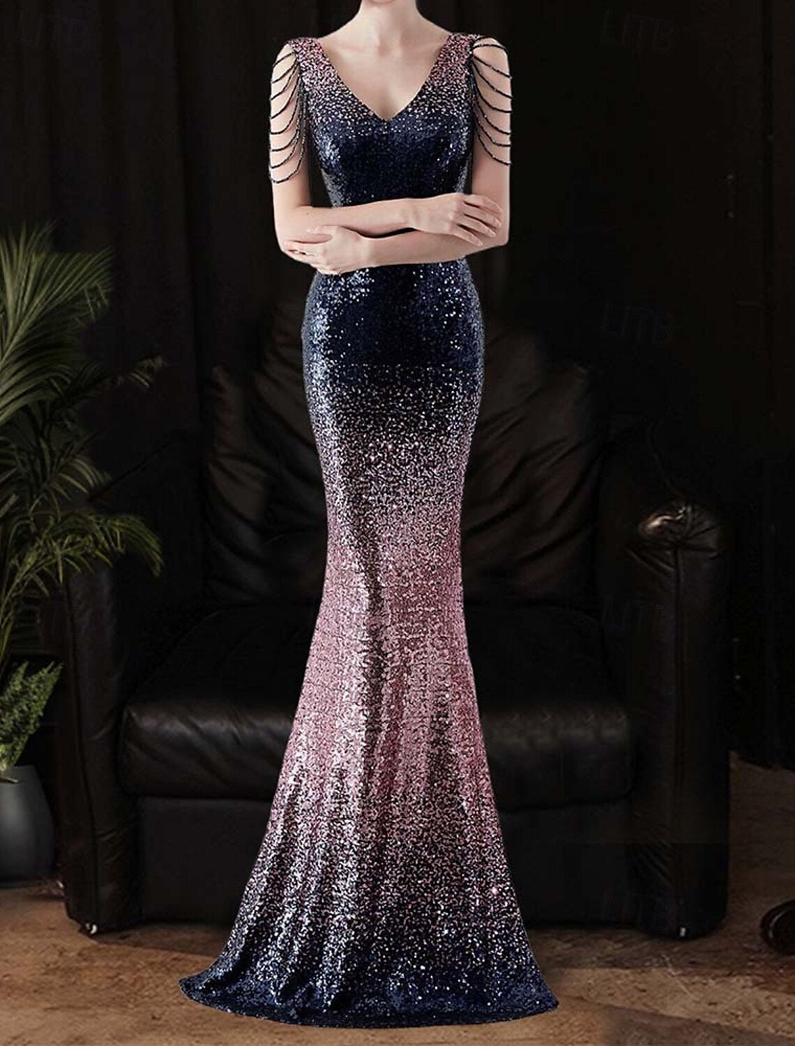 Mermaid  Trumpet Sequin Prom Dresses Ombre Party Dress Formal Cocktail Party Floor Length Sleeveless V Neck with Beading Sequin