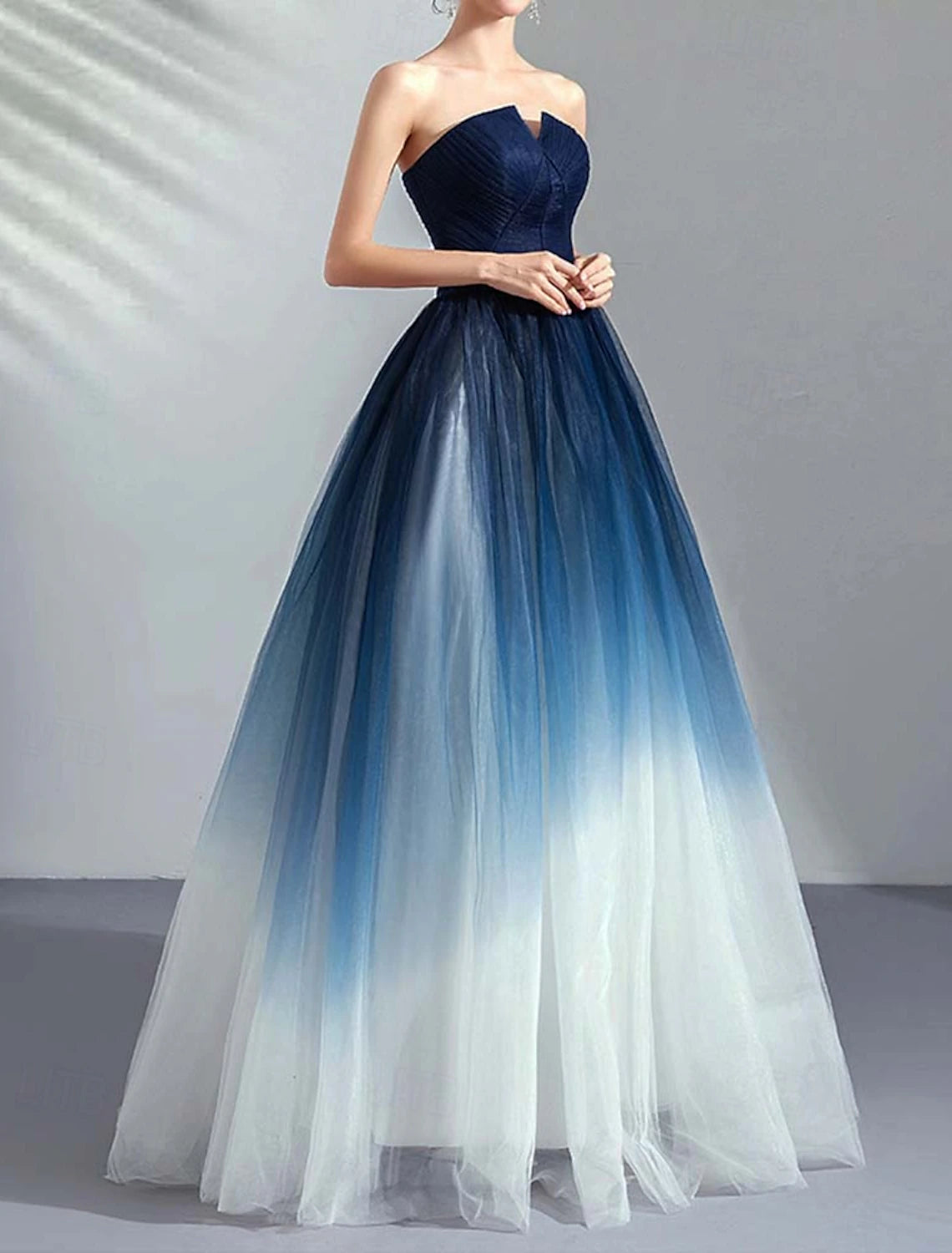 Ombre A-Line Prom Dresses Evening Dress Pleated Formal Masquerade Floor Length Sleeveless Strapless Tulle with