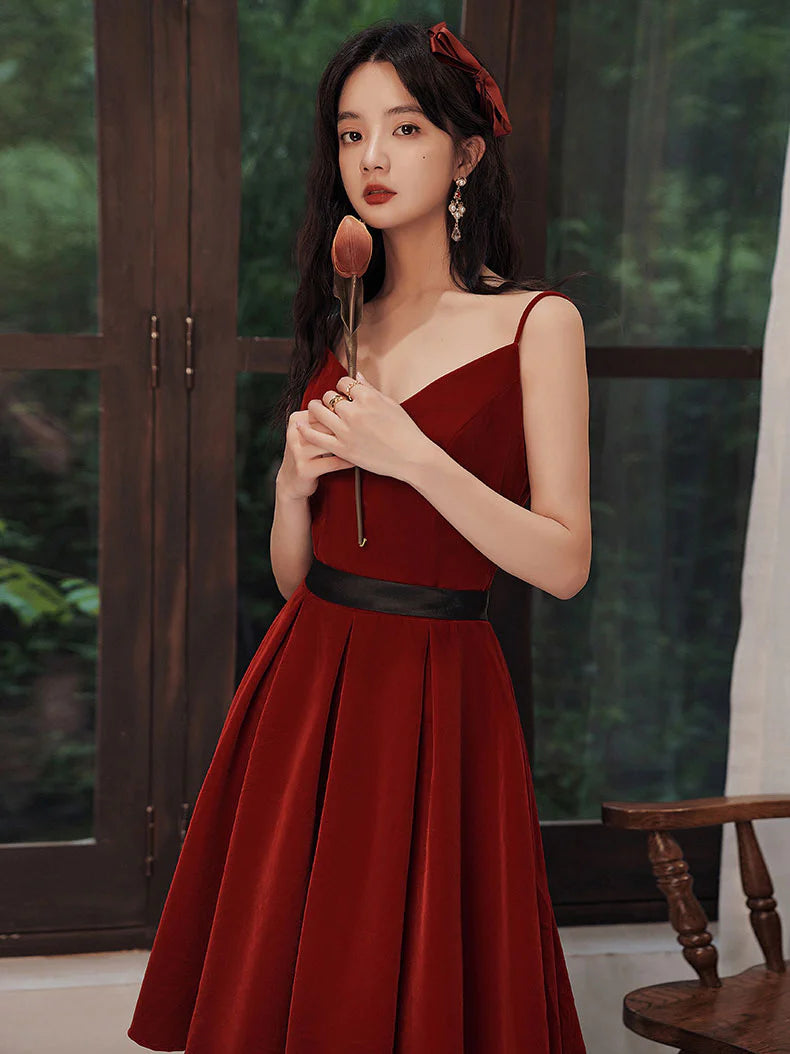 Burgundy velvet v neck short prom dress  burgundy homecoming dress