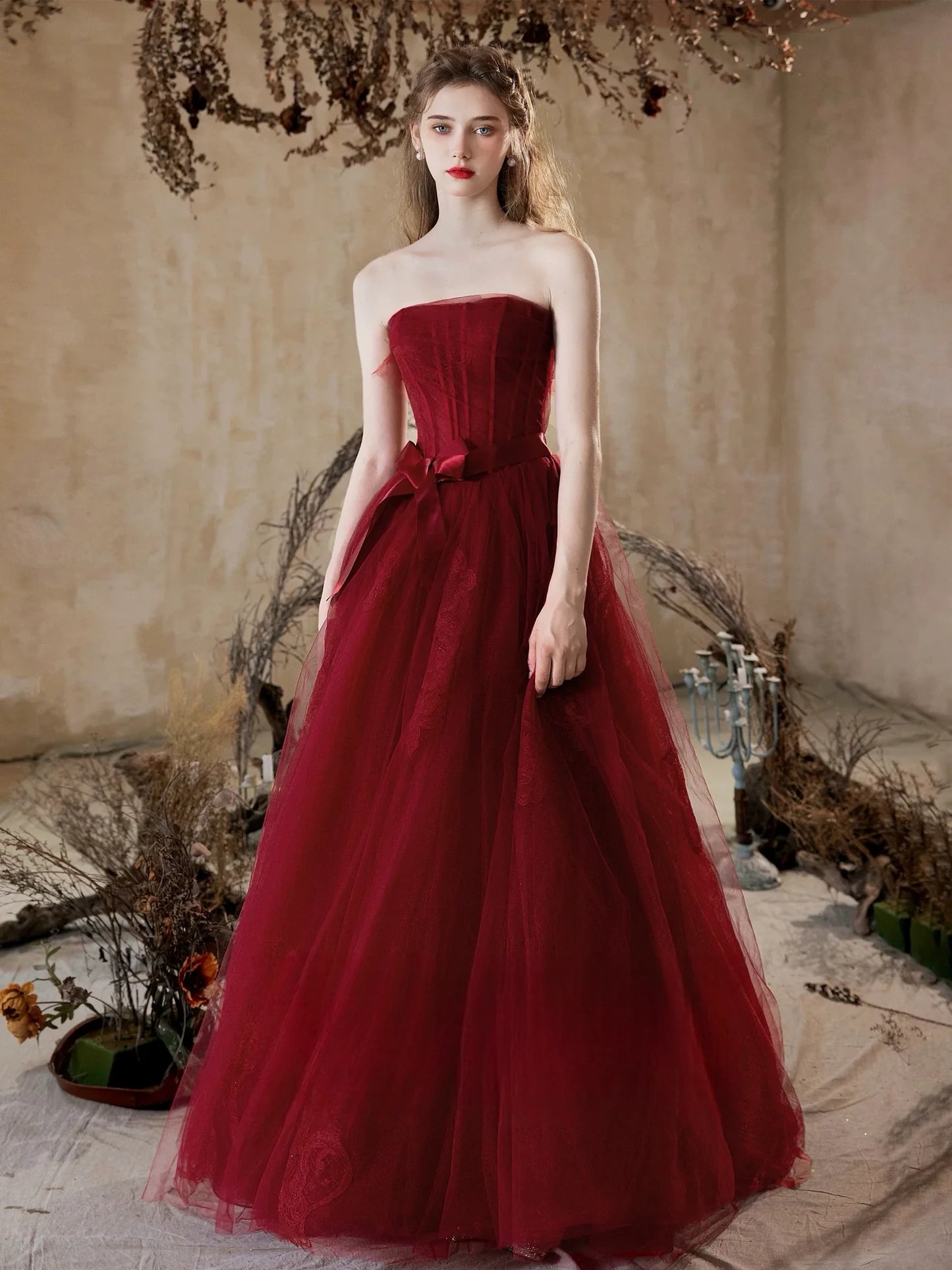 A-Line Tulle Lace Burgundy Long Prom Dress Burgundy Long Formal Dress