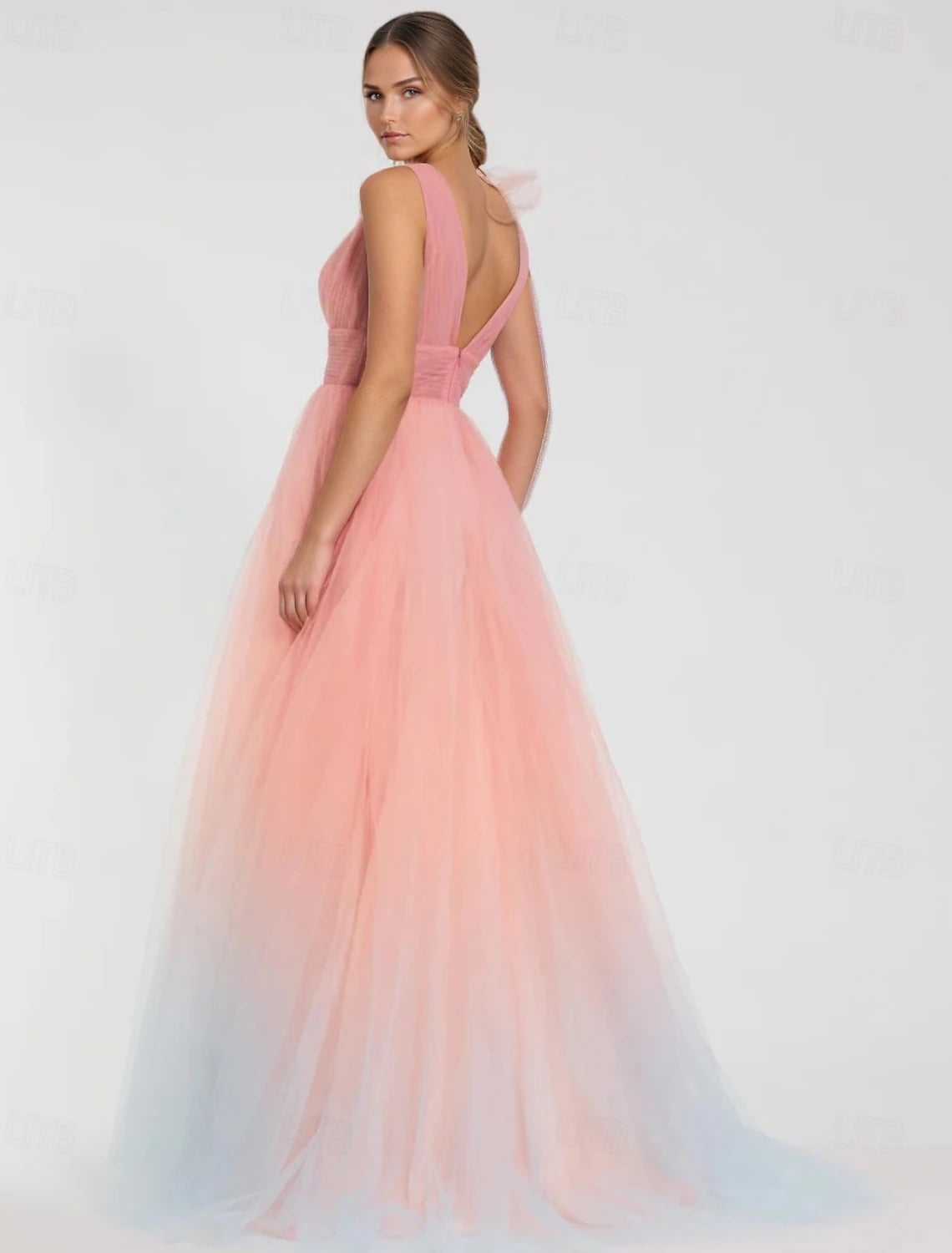 Pink Ball Gown A-Line Prom Dresses Elegant Dress Formal Wedding Floor Length Sleeveless V Neck Tulle with Shouder Flower