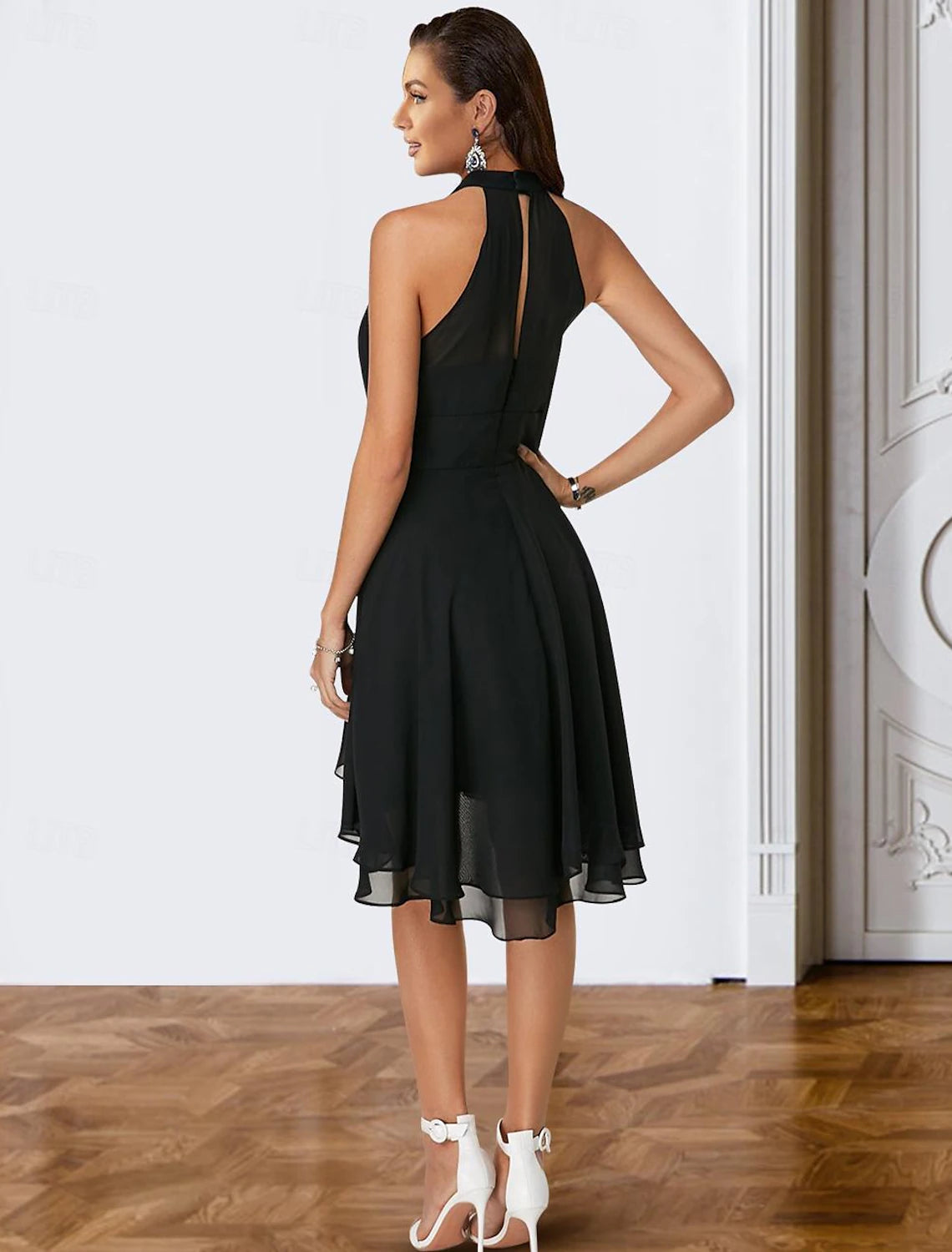 A-Line Cocktail Dresses Party Dress Wedding Guest Engagement Knee Length Sleeveless Halter Neck Chiffon V Back with Sleek Tiered dress to impress