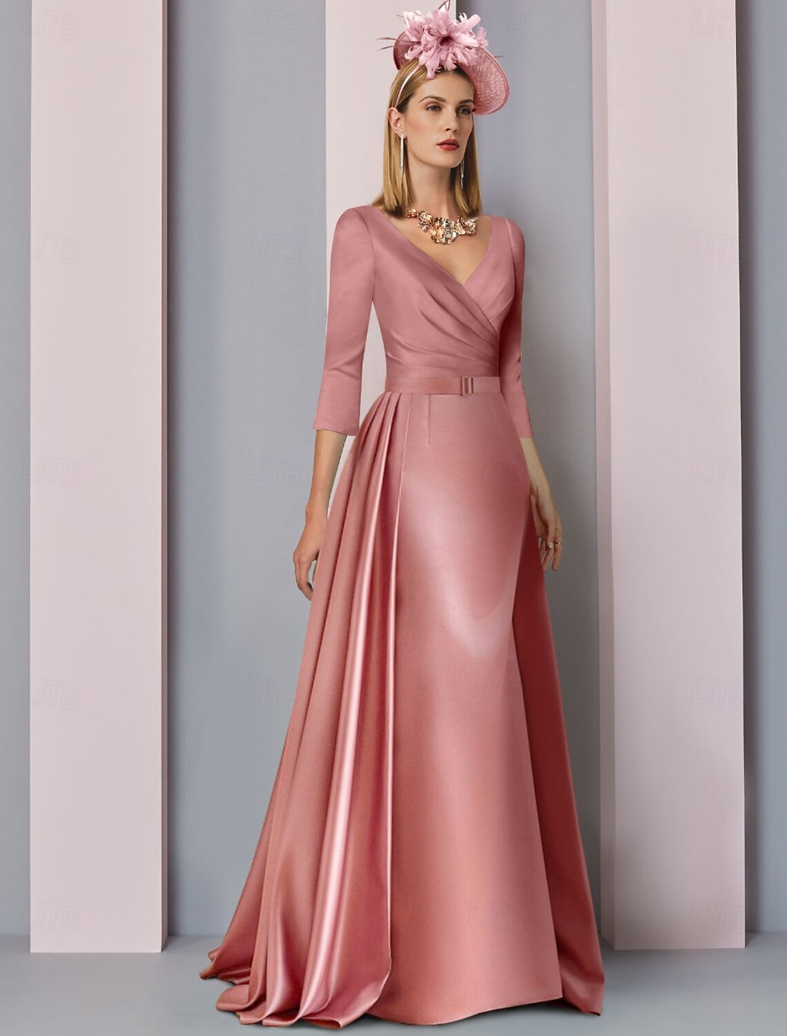 A-Line Mother of the Bride Dress Formal Evening Elegant Simple V Neck Sweep / Brush Train Stretch Satin 3/4 Length Sleeve with Pleats Ruched Ruching