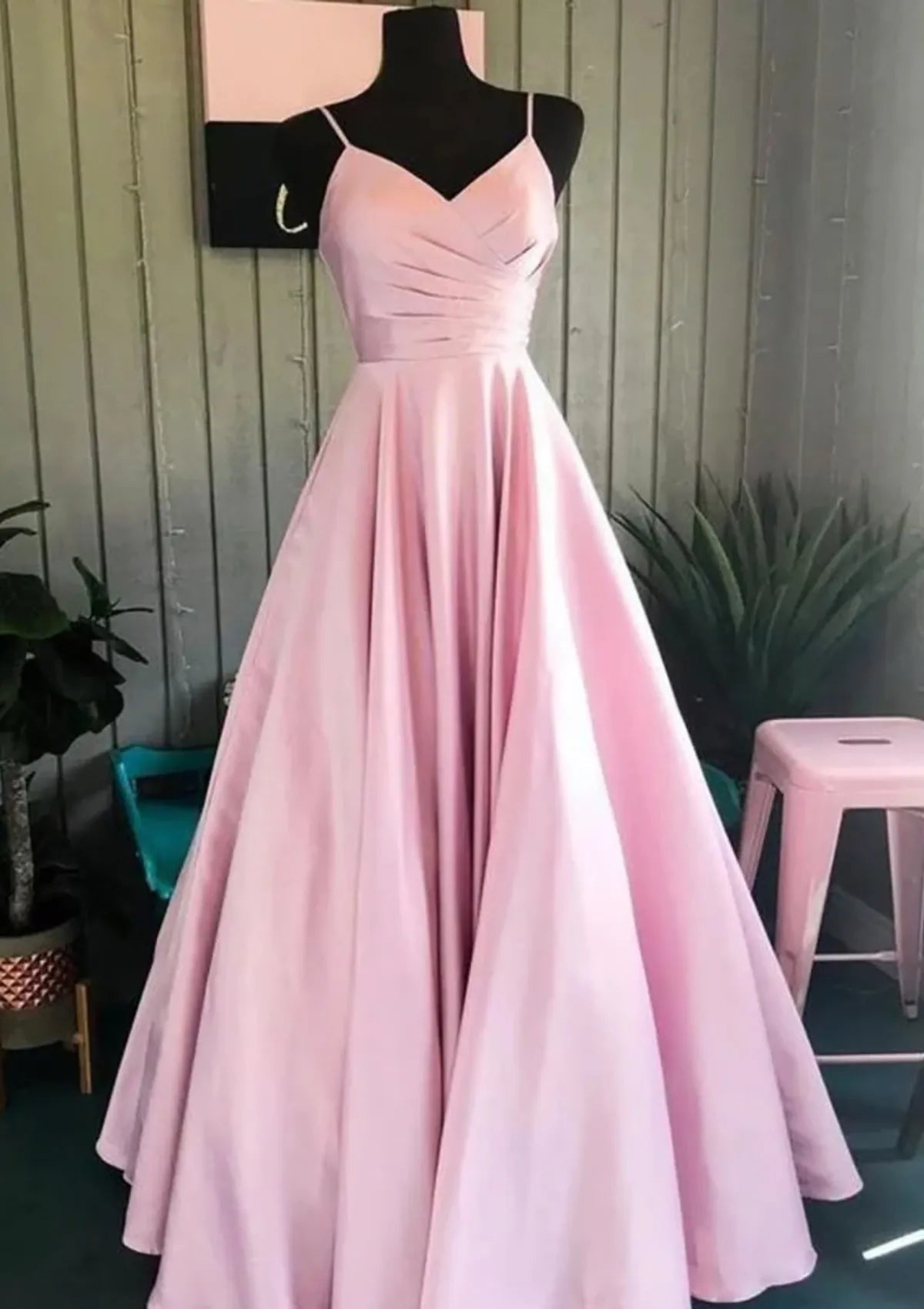 Romantic Pink Satin Prom Dress V  Neck Ruched Bodice Flowy Skirt for Enchanting Evenings