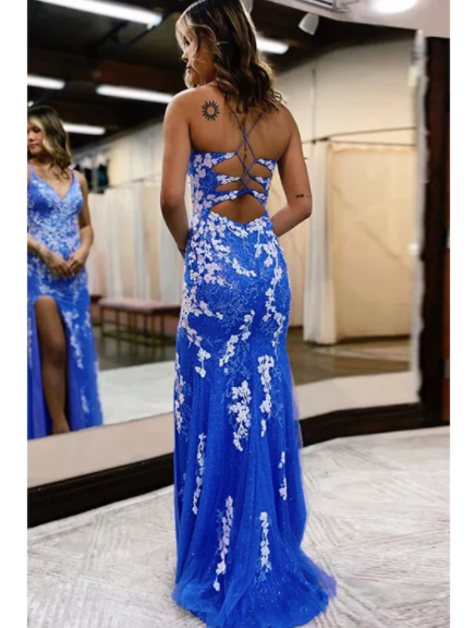 Prom Dresses Sexy Dress Formal Sweep Brush Train Sleeveless V Neck Tulle Backless with Slit Appliques