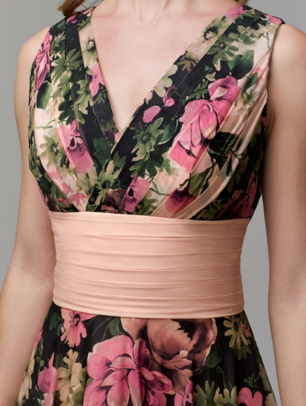 A-Line Floral Dress  Floor Length Sleeveless V Neck Chiffon with Pattern Print