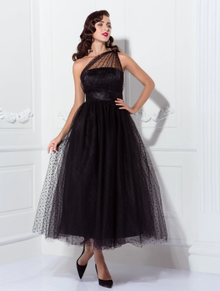 A-Line Cocktail Dresses Vintage Dress Wedding Guest Sleeveless One Shoulder Tulle with Pleats Pattern Print