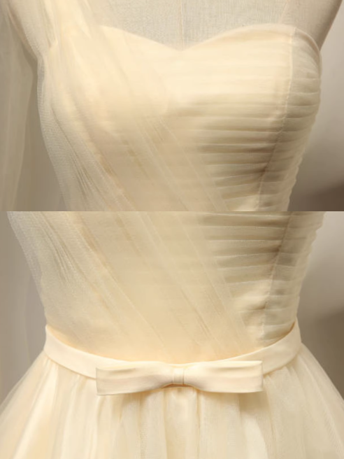 Champagne A-line sweetheart neck tulle short prom dress champagne bridesmaid dress