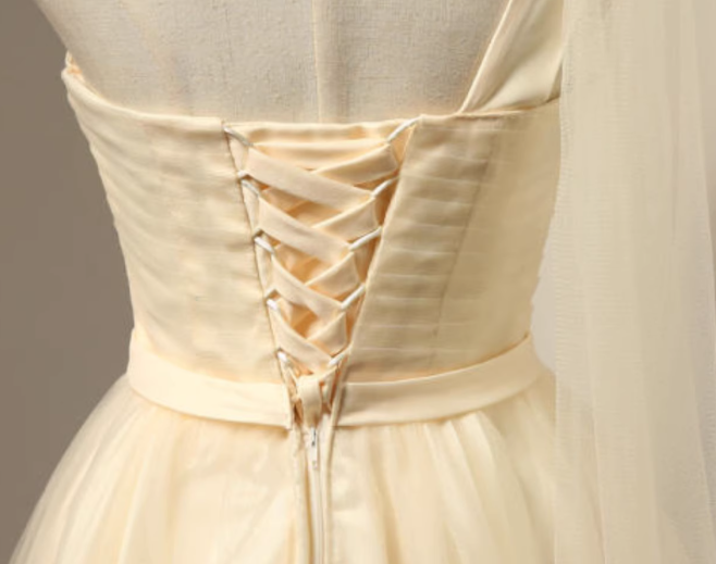 Champagne A-line sweetheart neck tulle short prom dress champagne bridesmaid dress