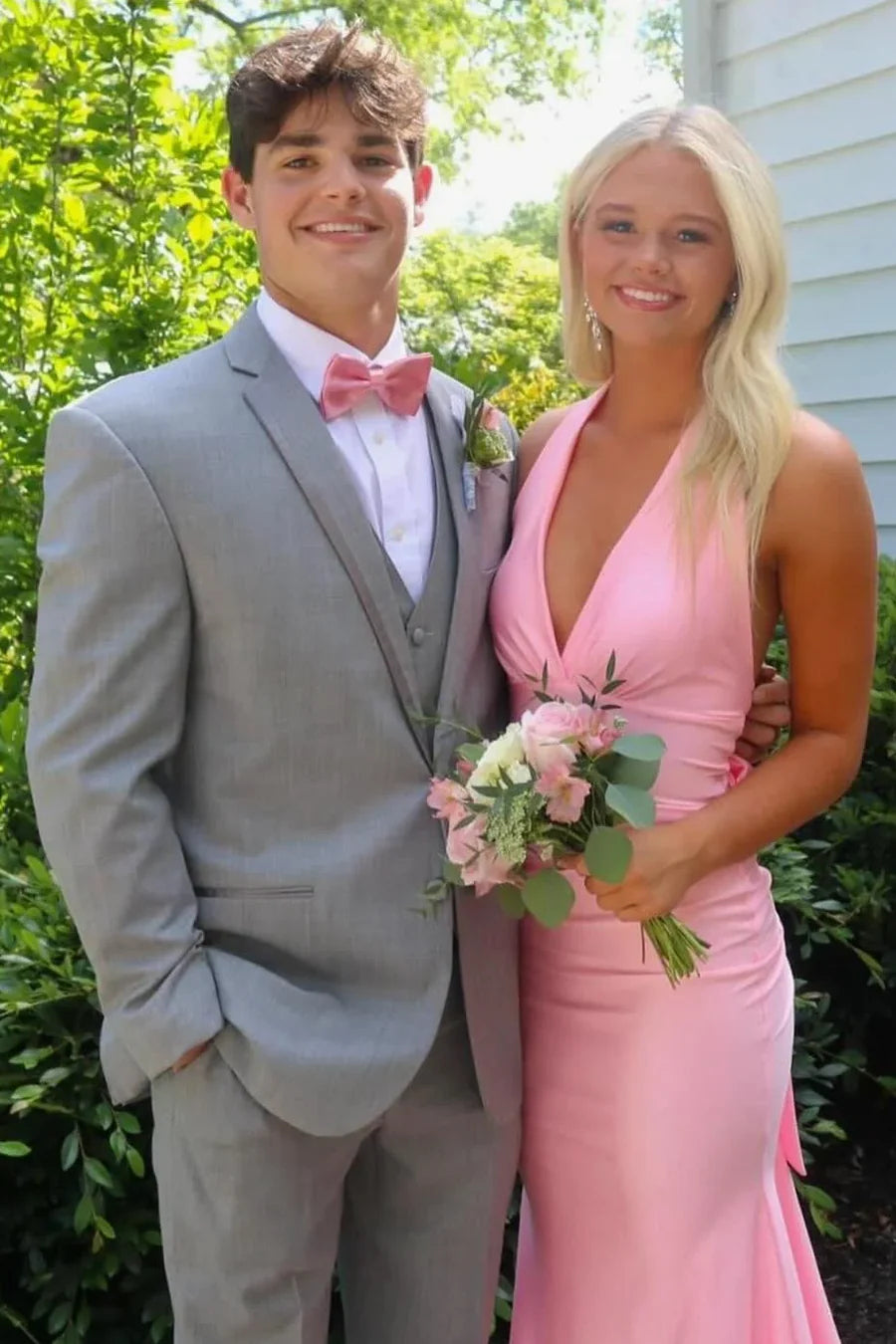 Pink Halter Mermaid Satin Pleated Sleeveless Long Prom Dress with Slit