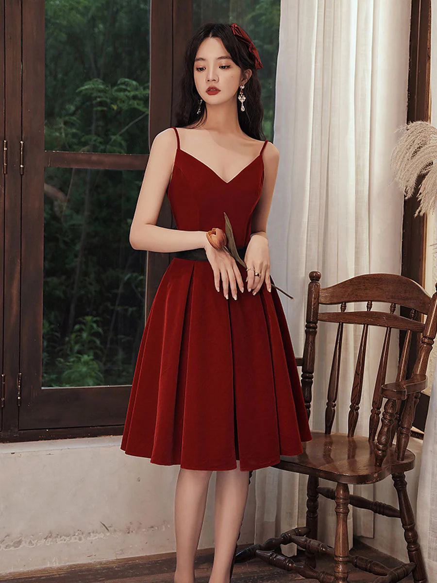 Burgundy velvet v neck short prom dress  burgundy homecoming dress