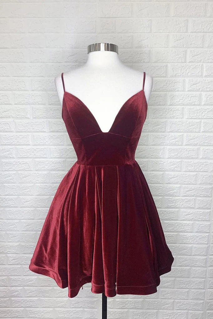 Simple burgundy v neck short prom dress burgundy homecoming dress ﻿