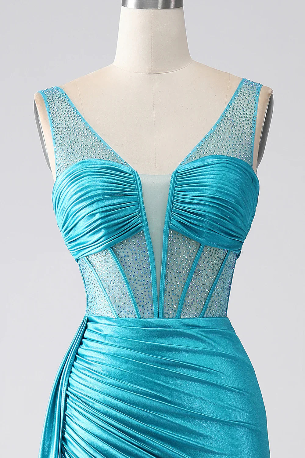 DingJiDress Turquoise Mermaid V-Neck Sweep Train Pleated Corset Beaded Prom Dress