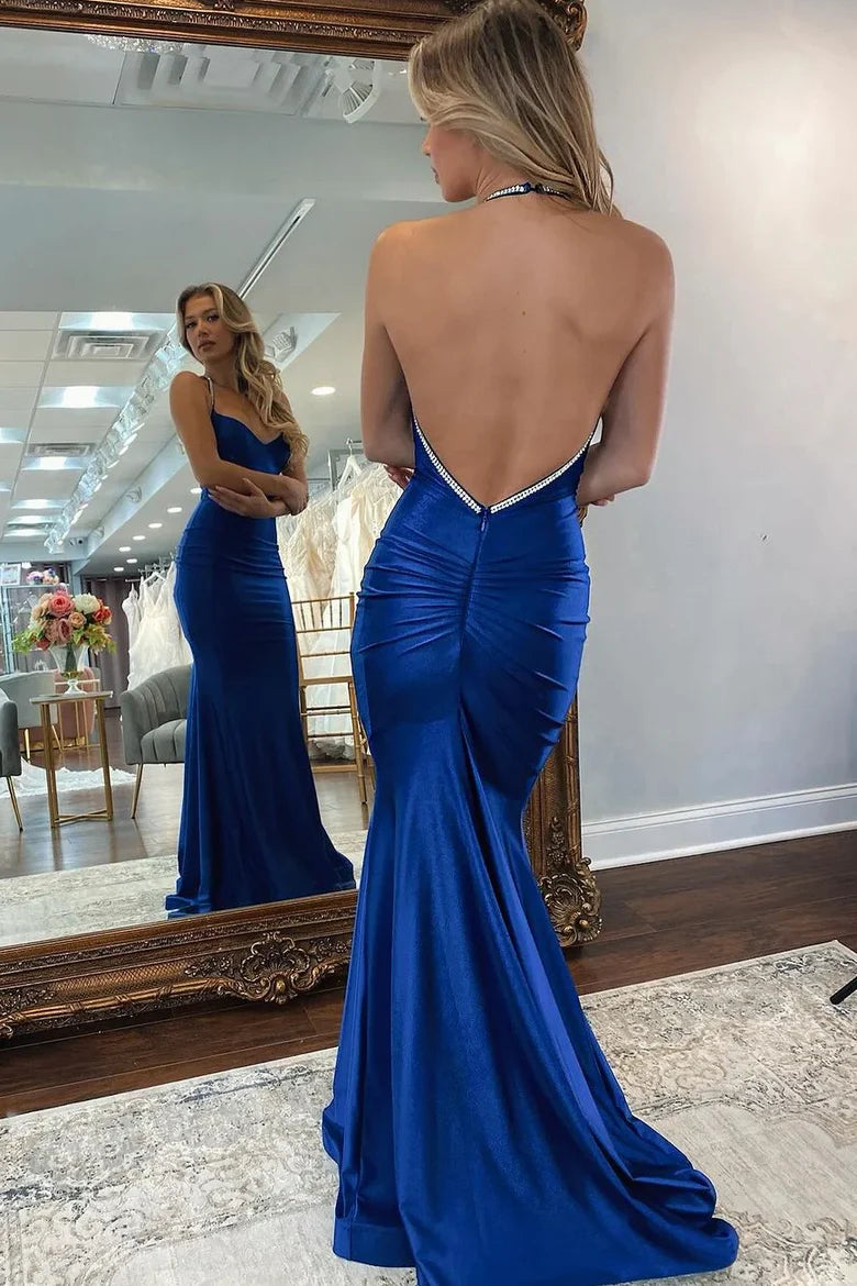 V-Neck Pleated Satin Backless Mermaid Formal Prom Dress
