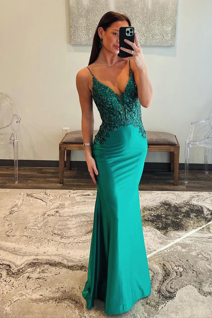 Mermaid V-neck satin long ball gown with beads