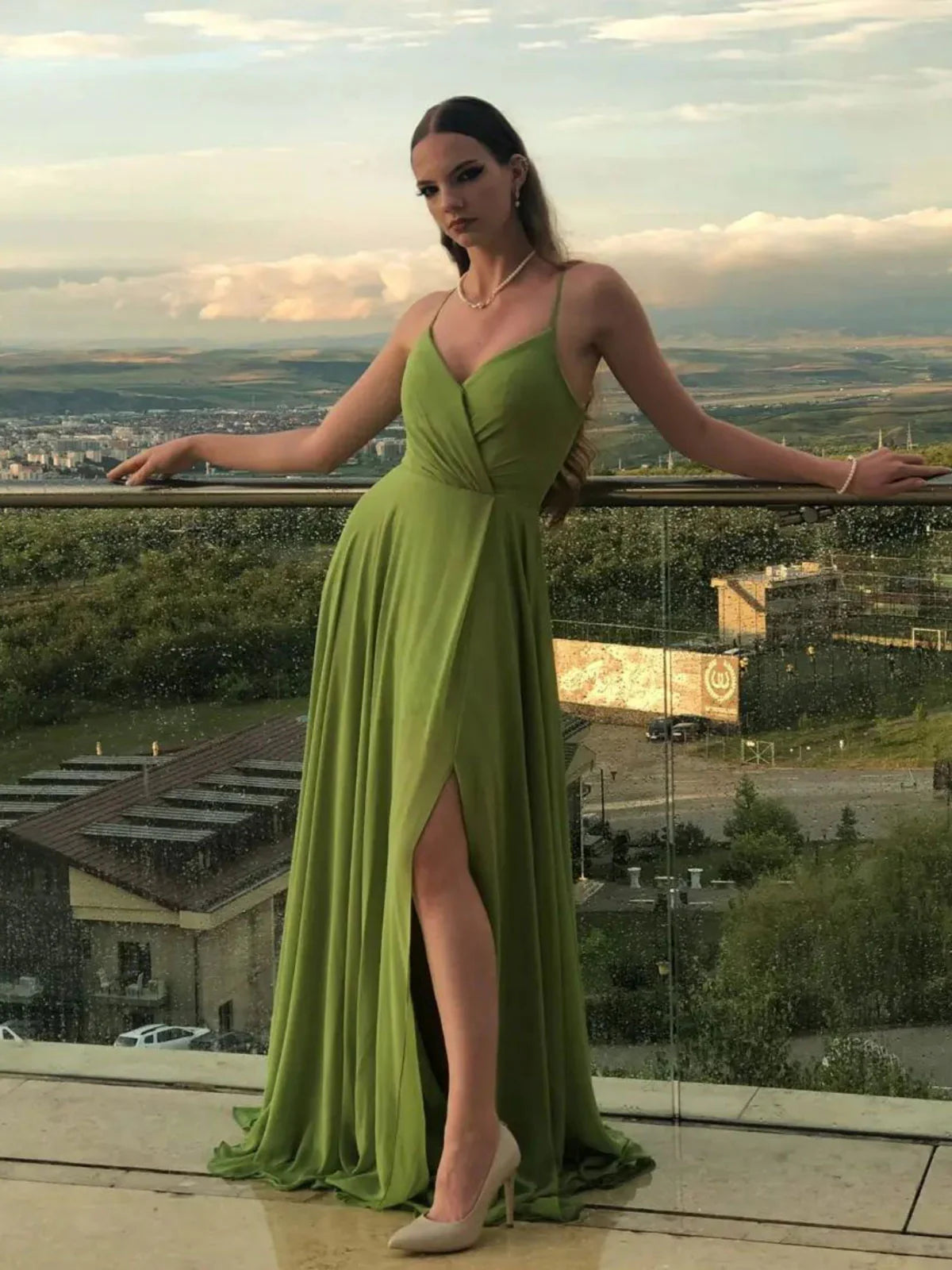 Simple A line green chiffon long prom dress green evening dress