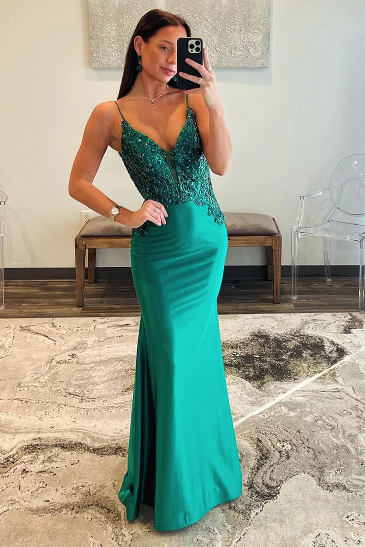 Mermaid V-neck satin long ball gown with beads
