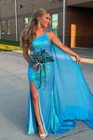 One Shoulder Mermaid Sequined Sleeveless with Slit Long Prom Dress