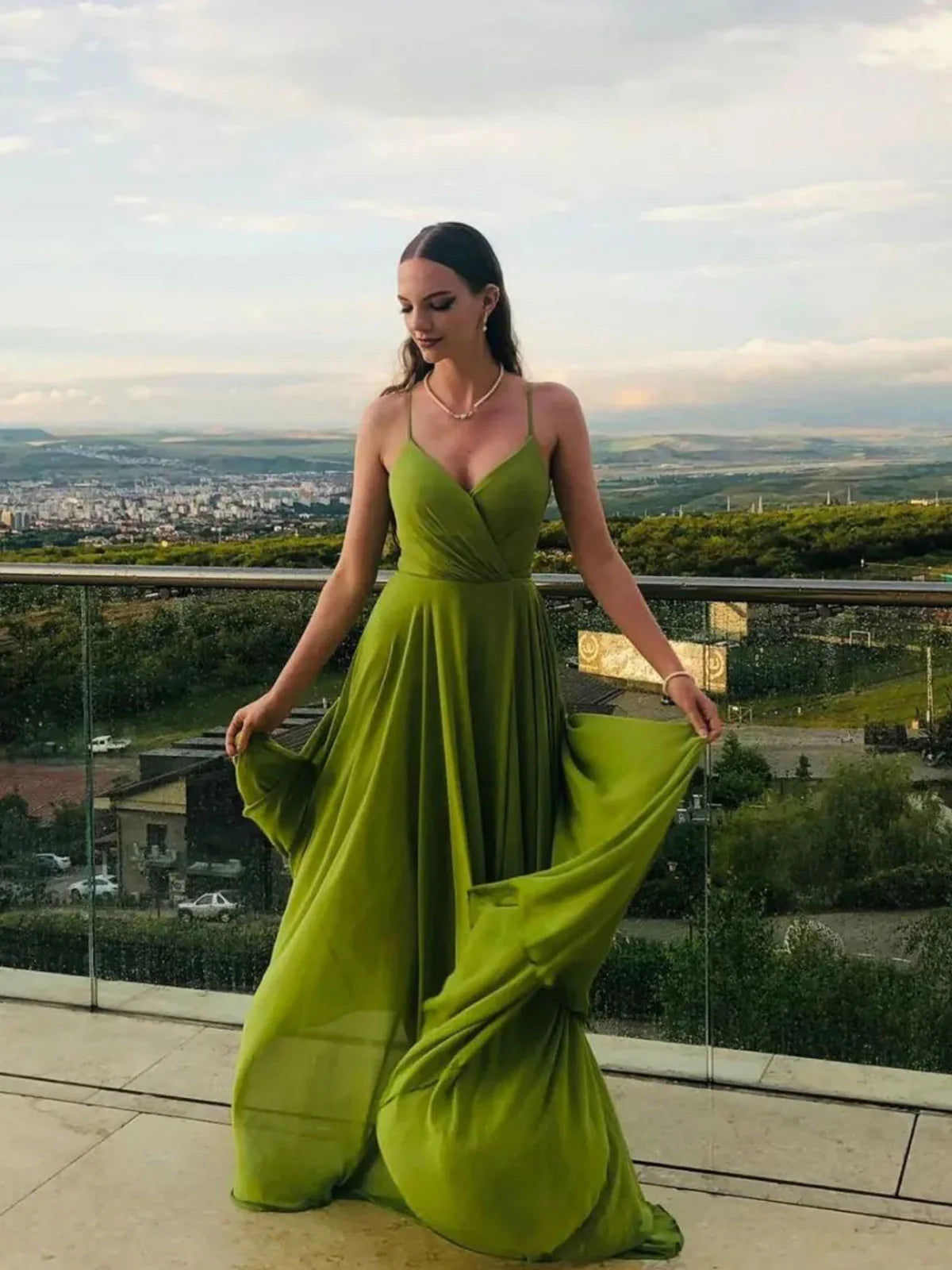 Simple A line green chiffon long prom dress green evening dress