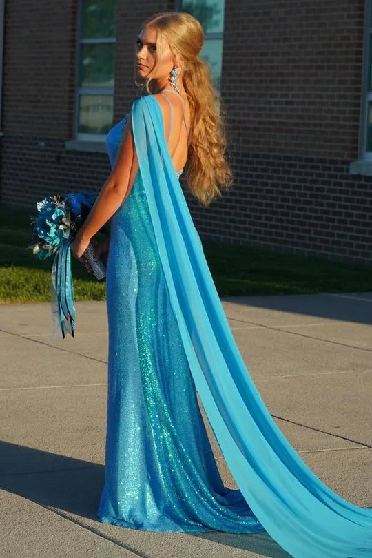 One Shoulder Mermaid Sequined Sleeveless with Slit Long Prom Dress
