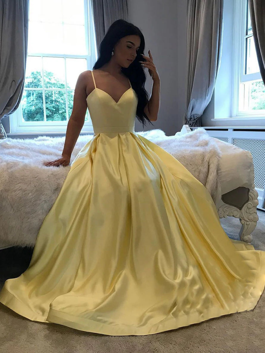 Simple yellow satin long prom dress yellow evening dress