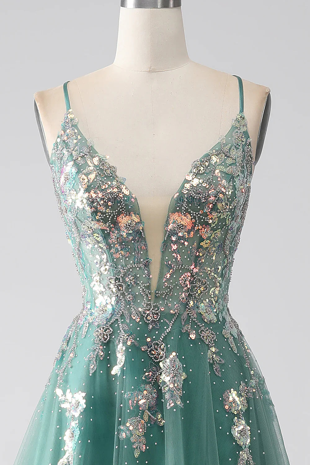 DingJiDress Green A-Line Spaghetti Straps Long Prom Dress With Sparkly Sequin Appliques