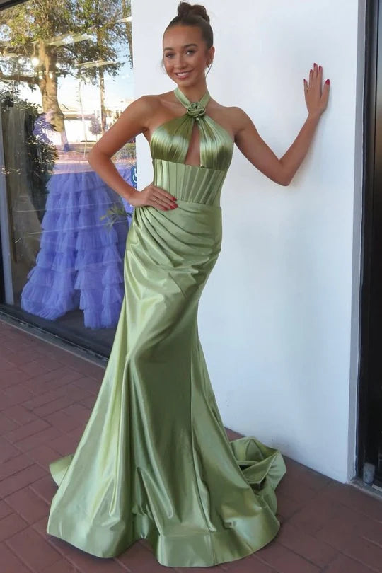 Satin Pleated Sleeveless Long Formal Prom Dress