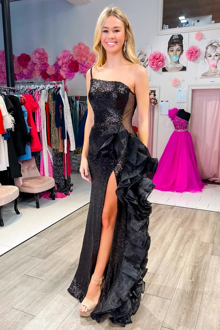 Black sequin mesh single shoulder pleated long formal dress with slit