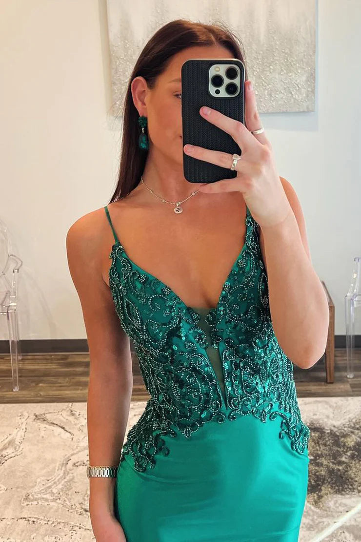 Mermaid V-neck satin long ball gown with beads